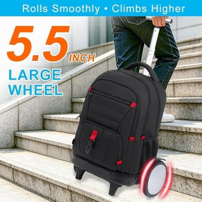 CCJPX 3Pcs Men & Boys Rolling Backpack with Bigger Wheels, Extra-Large Wheeled Bookbag with Lunch Box, Water Resistant Extra-Large Roller Luggage for Travel, Work, College (Black) - color: Black(upgrade Large Wheel)