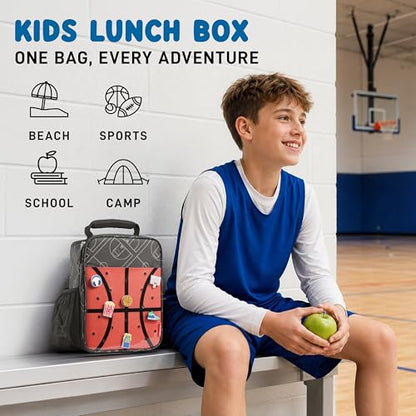 Fit & Fresh Customizable Charm Lunch Bag for Boys & Girls, Basketball Kids Lunch Box with 6 Sports Charms, Premium Insulated Reusable Lunch Tote for School - color: Midnight Hoops