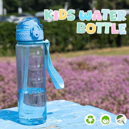 OLDLEY 17oz Kids Water Bottle, Tritan BPA-Free, Leakproof Flip Straw Lid, Motivational Time Marker, Carry Strap, Reusable Clear Water Bottle for Boys & Girls,Baby Blue - color: Baby Blue, style: 17 Ounces