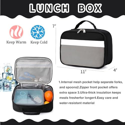 Backpack Set for Girls Boy Kids Backpack with Lunch Box for Elementary Primary Kindergarten School Bag (Black Grey Set, Large) - color: Black Grey