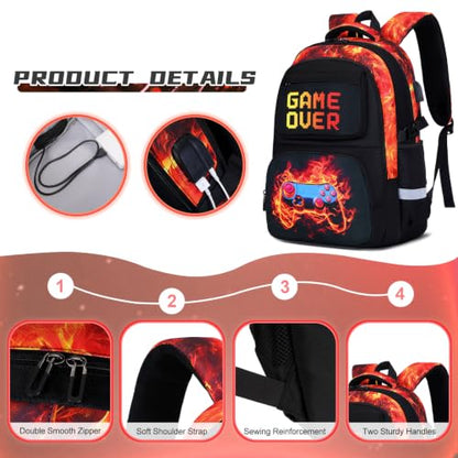 Scothen 3PCS Boys Backpack Set, Cool Backpack for Boys with Lunch Bag & Pencil Case, Kids School Bag Teen Boy Bookbag for Kindergarten Elementary Middle School with USB Charging Port - color: Red Flame
