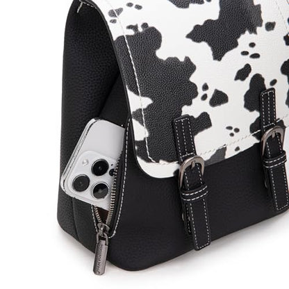 Montana West Black Cow Print Mini Womens Backpack Purse Vegan Leather Small Colorblock Backpack for Women Cute Convertible Shoulder Bag - color: Black Cow Print