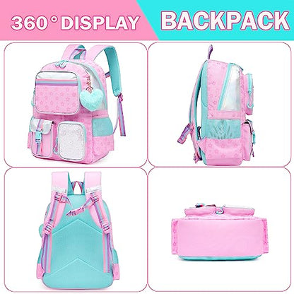 Meetbelify Pink School Backpack with Lunch Box & Pencil Case for Elementary to Teen Girls, Cute Aesthetic Kids Bookbag 8-10 - color: Star Pink 3pcs