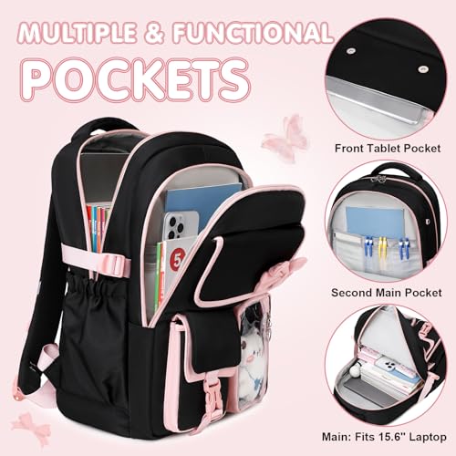 GeeWin Girls Backpack for School with Lunch Box & Pencil Case Set, 17 Inch Waterproof Cute Bow Girls Bookbag for Kids, Teens, Elementary Middle High College School Student (Black/Pink) - color: Black Pink