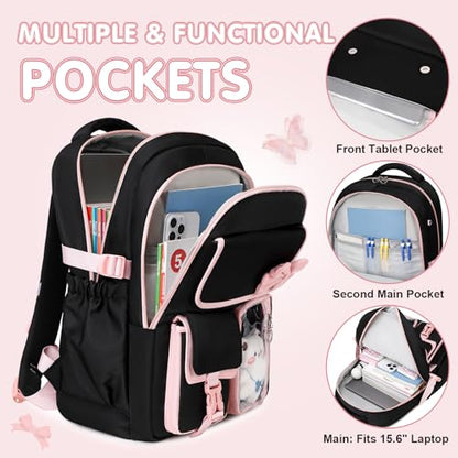 GeeWin Girls Backpack for School with Lunch Box & Pencil Case Set, 17 Inch Waterproof Cute Bow Girls Bookbag for Kids, Teens, Elementary Middle High College School Student (Black/Pink) - color: Black Pink