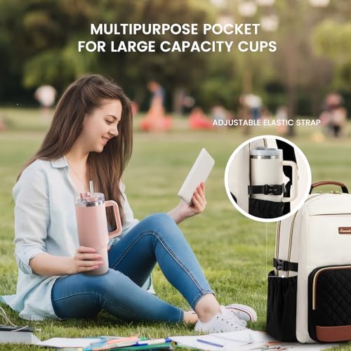 LOVEVOOK Laptop Backpack for Women with Pouch Pocket for Large Capacity Cup,18 Inch Teacher Nurse College Work Travel Backpack Purse,Waterproof Laptop Computer Bags,Beige-Black-Brown+Diamond-shaped - color: Beige - Black - Chestnut Brown + Diamond-shaped,
