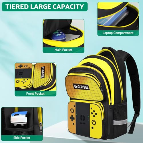 Kids Backpack For Boys，Gamer Boys Backpack For Children Teens Elementary Middle School, 17″ Students Bookbag - color: Backpack-sw-orange & Yellow