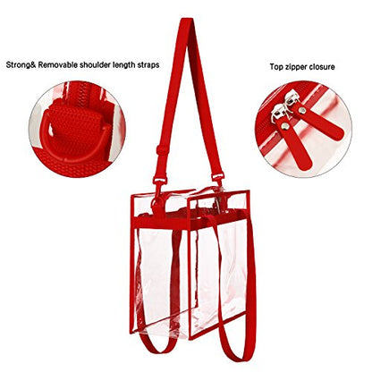 BAGAIL Clear Bags 12x6x12 Stadium Approved Clear Tote Bag with Zipper Closure Crossbody Shoulder Bag with Adjustable Strap - color: Red