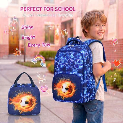 3PCS Kids Backpack Set, School Backpack with Lunch Bag & Pencil Case, Lightweight Waterproof Bookbag for Kids (Flame Soccer Blue) - color: Flame Soccer Blue