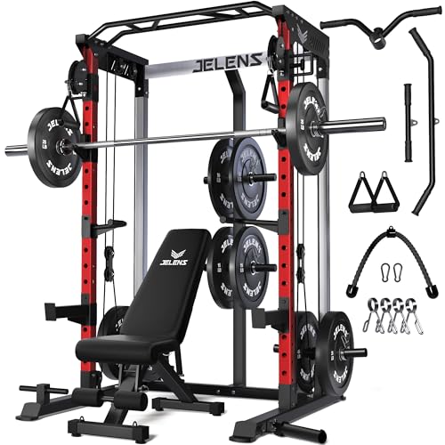 JELENS C21 Power Cage, 2000LBS Multi-Function Power Rack with Independent Dual Pulley System, All-in-One Squat Rack for Cable Crossover, Home Gym Workout Machine - color: Red, size: 260LBS Black Weights Package