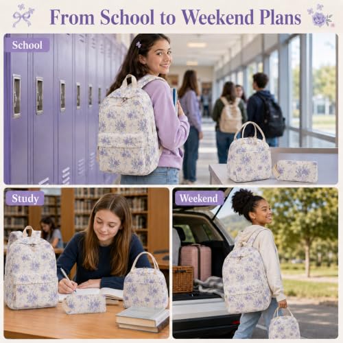 BTOOP School Backpacks for Teen Girls Bookbags Lightweight Kids Backpack School Bags Set with Lunch Box Pencil Case - color: Purple Flroal Bow