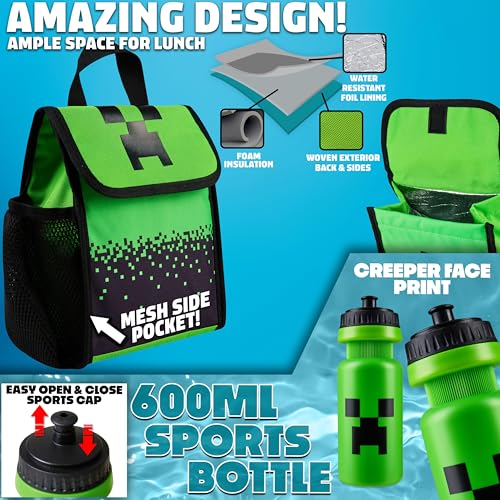 Minecraft Boys Backpack 5 Pc Gift Set with Creeper School Bookbag, Lunch Bag, Pencil Case, Water Bottle and Travel Daypack (Green) - color: Green