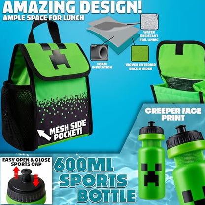 Minecraft Boys Backpack 5 Pc Gift Set with Creeper School Bookbag, Lunch Bag, Pencil Case, Water Bottle and Travel Daypack (Green) - color: Green