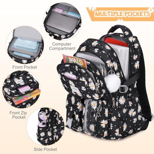 ACESAK Backpack for Girls - Girls Backpack with Lunch Bag & Pencil Pouch for Teen Kids Laptop Backpack for Women, Elementary Middle High School Bookbag Travel Daypack (Black Daisy) - color: Black Daisy