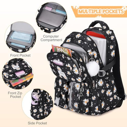 ACESAK Backpack for Girls - Girls Backpack with Lunch Bag & Pencil Pouch for Teen Kids Laptop Backpack for Women, Elementary Middle High School Bookbag Travel Daypack (Black Daisy) - color: Black Daisy