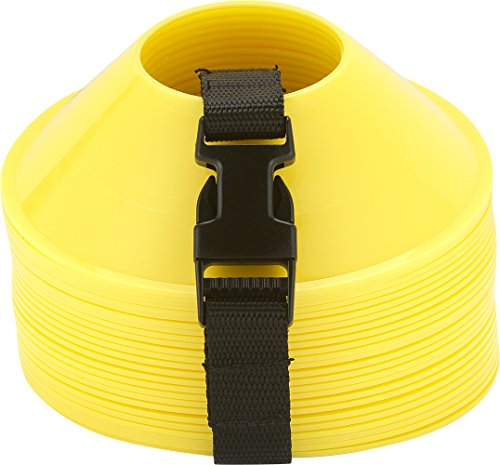 American Challenge Mini Disc Cones – Set of 25 Agility Cones for Sports Training – Compact Soccer Cones with Carry Strap for Drills & Practice - color: Yellow (25 mini cones)