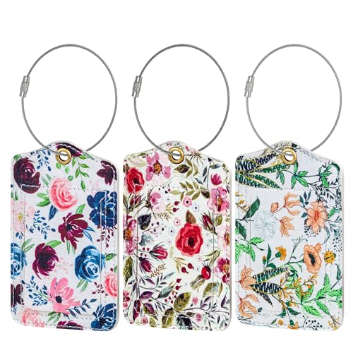 Fishent Luggage Tag, 3 Pack Travel Cruise Luggage Tags for Suitcases, Cute Suitcase Tags Identifiers Bag Tags with Privacy Flap, Baggage Name Tag for Women Men Luggage Backpack Handbag School Bag - color: H_flowers Illustration
