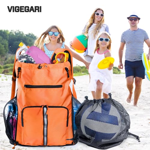 Large Beach Backpack w/Shoe Compartment &Detachable Ball Mesh Bag - color: Orange