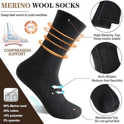 MOGGEI 5 Pairs Womens Merino Wool Socks Hiking Warm Winter Thick Thermal Crew Cozy Cabin Ladies Gift Comfy Boot Work Socks - color: Black B