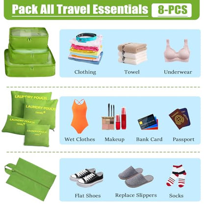 8 Set Packing Cubes for Travel Luggage Packing Bags Reusable Waterproof Suitcase Organizer Cubes Set with Shoe Bag and Toiletry Bag (Green) - color: Green