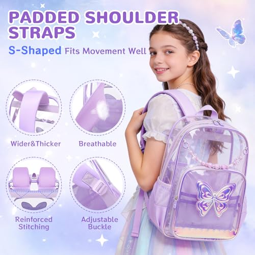MUSEVOS Clear Backpack for School, Clear Bookbag for Girls PVC Heavy Duty Transparent Backpack, Purple Butterfly - color: Purple