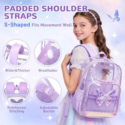 MUSEVOS Clear Backpack for School, Clear Bookbag for Girls PVC Heavy Duty Transparent Backpack, Purple Butterfly - color: Purple