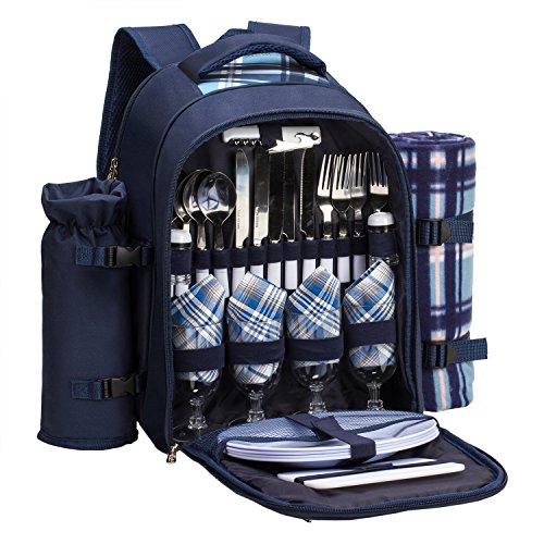 Apollo walker Picnic Backpack Set for 4 with Cooler Compartment,Detachable Bottle/Wine Holder Including Large Picnic Blanket(45"x 53") for Picnic Family and Lovers Gifts,Outdoor,BBQ Time (Blue) - color: Blue, size: 4 Person