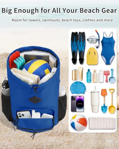 WANDF Drawstring Backpack with Removable Wet Pocket, Sandproof Beach Backpack with Bottom Compression Strap for Beach Mat, Swim Bag for Pool, Gym, Travel and Workout Gear (Navy Blue) - color: Navy Blue