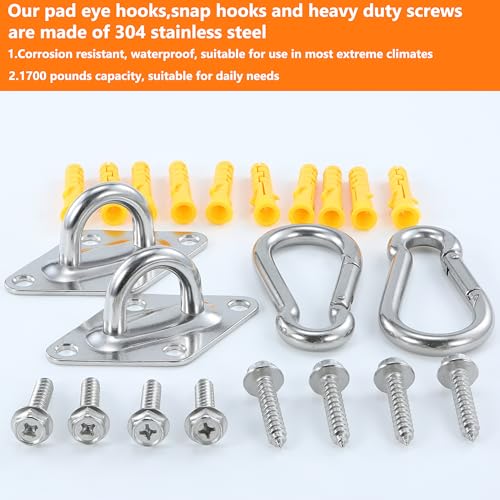 1700 lbs Capacity 2PCS 3.91in 304 Stainless Steel Pad Eye Hooks,2PCS 3.92in Snap Hooks, 8PCS Heavy Duty Screws for Hammock Hanging,Swing Hanging,Wall and Ceiling Mount,Indoor and Outdoor - style: 3.92 Inches Heavy Duty Pad Eye Hooks with Snap Hooks