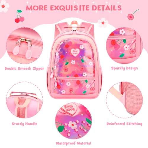 Kids Backpack for Girls 5-8, 4PCS Toddler Backpack with 13oz Kids Insulated Water Bottle, Lunch Box and Pencil Case, Girls Bookbag Schoolbag for Primary Kindergarten Elementary School - color: Pink Red Cherry