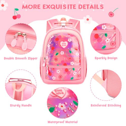 Kids Backpack for Girls 5-8, 4PCS Toddler Backpack with 13oz Kids Insulated Water Bottle, Lunch Box and Pencil Case, Girls Bookbag Schoolbag for Primary Kindergarten Elementary School - color: Pink Red Cherry