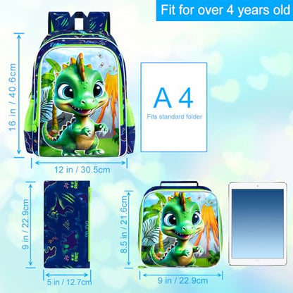 3Pcs Dinosaur Backpack for Boys, 16" Bookbag with Lunch Box, Kids School Backpacks Set for Elementary Preschool Kindergarten (Green) - color: Dinosaur Green