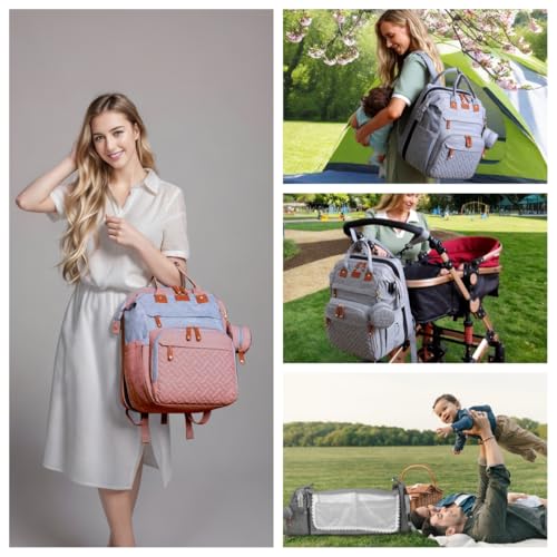 Diaper Bag Backpack with Changing Station, Waterproof for Travel, Gray Pink - color: Pink Grey