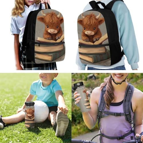 ZOUTAIRONG Cute Highland Cow Backpack for School Mini Thermos School Bags for Girls Boys 7-10/10-12/12-16, Large Capacity Casual Bookbag with Side Pockets - color: Cute Highland Cow
