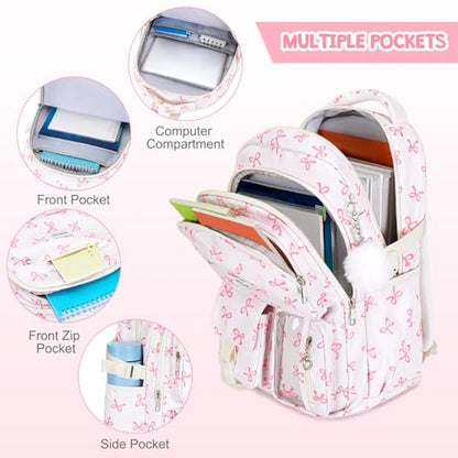 ACESAK Backpack for Girls - Girls Backpack with Lunch Bag & Pencil Pouch for Teen Kids Laptop Backpack for Women, Elementary Middle High School Bookbag Travel Daypack (Beige Bow) - color: Beige Bow