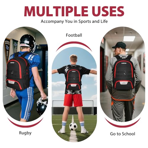 LARIPOP Soccer Backpack with Ball Holder & Shoe Compartment Large Capacity Sports Bag for Training - color: Red