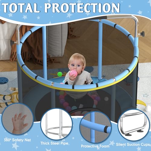 Trampoline for Kids, 55" Indoor & Outdoor Toddler Trampoline, Anti-Rollover Bottom Kids Toys with Adjustable Gymnastics Bars, Toddler Swing, Basketball Hoop - color: Blue