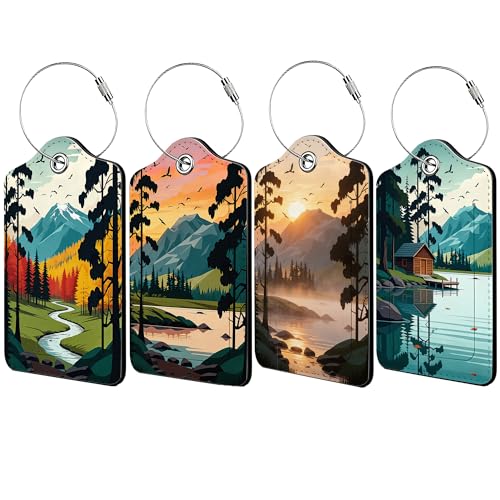 Luggage Tags for Suitcases, 4 Pcs Luggage Tags with Privacy Cover and Durable Metal Ring for Travel, Name Address Tags for Men Women Kids Suitcase and Backpack (Mountain Lake Scenery) - color: Mountain Lake Scenery
