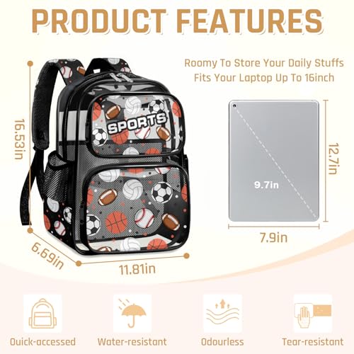 Clear Backpack for Boys and Girls,Kids Clear Backpacks for School,Heavy Duty Transparent Bookbag Stadium Approved - color: Black-multi Ball-backpack Only