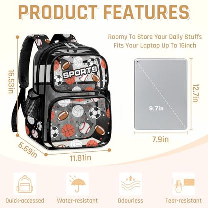 Clear Backpack for Boys and Girls,Kids Clear Backpacks for School,Heavy Duty Transparent Bookbag Stadium Approved - color: Black-multi Ball-backpack Only