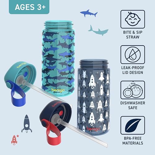 Bentgo Kids Water Bottle 2-Pack - Leak-Proof Durable Tritan BPA-Free 15 oz Cup for Kids/Toddlers Ages 3+; Bite & Sip Spout + Dishwasher Safe for School/Sports/Daycare/Camp (Rocket/Shark) - color: Rocket & Shark