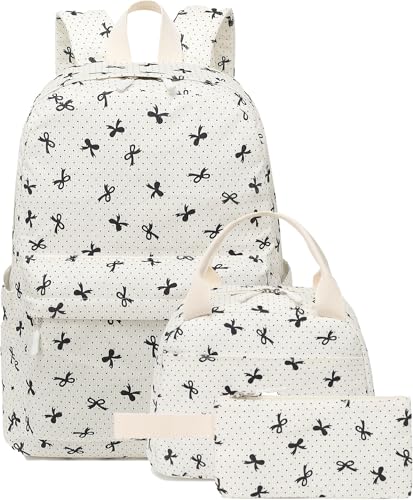 LEDAOU Kids Backpack for Girls Backpacks with Lunch Box, Lightweight Bookbag Set Elementary Middle School Back pack for 8-14 - color: Beige Bow