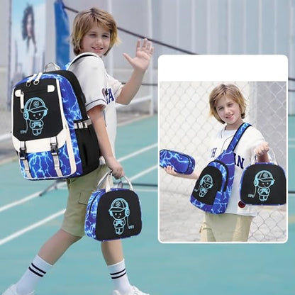 Bevalsa Backpack for Boys, Cool Luminous Boys Backpack with Sling Bag, Lunch Box & Pen Case, School Bags for Kids Children Teens Elementary Middle Schools, Bookbag Glow In The Dark (Lightning) - color: Lightning