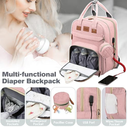 JSTPRO Diaper Bag Backpack, Large Diaper Bag with Changing Station, Baby Bag, New Mom Gifts, Lightweight Waterproof Unisex Diaper Bag with Insulated Pockets and USB Charging Port, Pink - color: Pink