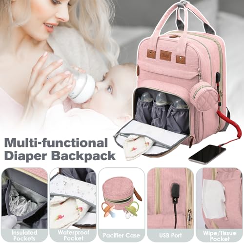 JSTPRO Diaper Bag Backpack, Large Diaper Bag with Changing Station, Baby Bag, New Mom Gifts, Lightweight Waterproof Unisex Diaper Bag with Insulated Pockets and USB Charging Port, Pink - color: Pink