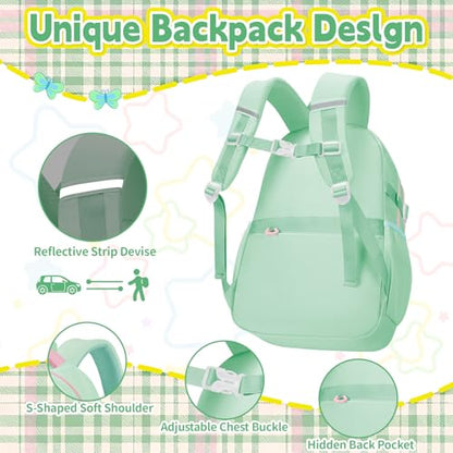 Girls Backpack with Lunch Box Set, 4 PCS Cute Kawaii School Bookbag for Elementary Girls, Green Aesthetic Large Laptop Backpack for Kids & Teens - color: Green