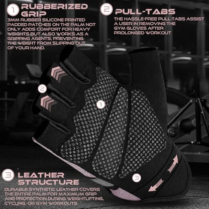 BEAST RAGE Fingerless Weight Lifting Gloves with Palm Protection Padding, Breathable Lightweight Gym Gloves for Men, Women, Weightlifting, Cycling, Exercise, Training Pull Up - color: Pink, size: Large