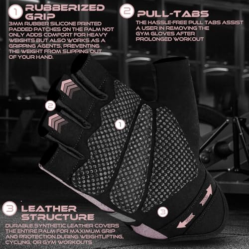 BEAST RAGE Fingerless Weight Lifting Gloves with Palm Protection Padding, Breathable Lightweight Gym Gloves for Men, Women, Weightlifting, Cycling, Exercise, Training Pull Up - color: Pink, size: X-Large