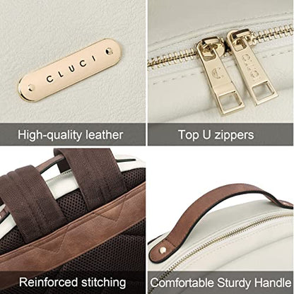 CLUCI Leather Backpack for Women 15.6 inch Laptop Backpack Purse Computer Backpack for Travel Airplane Casual Daypack Beige with Brown - color: Beige With Brown