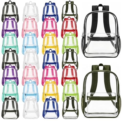48-Pack 17'' Clear Bulk Backpacks,Bulk Transparent PVC Bookbags, Heavy Duty Clear Large Bags with Reinforced Straps, Back Pack for Elementary, Middle & High School,12 Colors - color: 17'' 48 Pack Clear 12 Colors